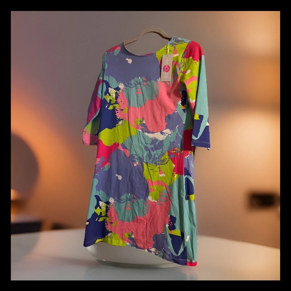 NWT Ana Clare Women’s Dazzled Vibrant Bold Artsy Colorful Abstract Dress Sz Md